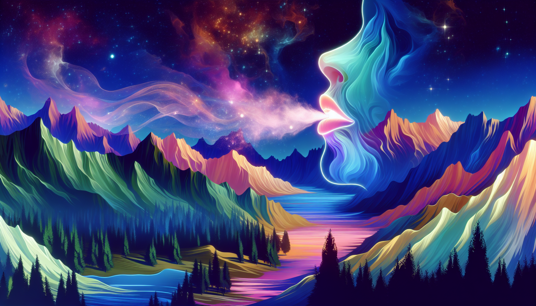 A spectral, disembodied mouth whispers a message across a vast fantasy landscape.