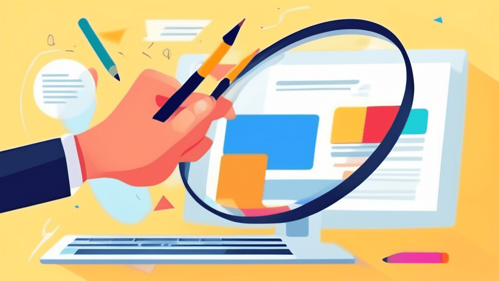 A hand coming out of a computer screen holding a pencil and editing text on a Google Business Profile with a magnifying glass hovering over it.