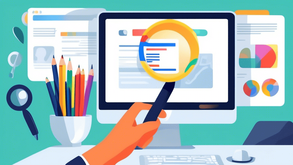 A hand coming out of a computer screen holding a pencil and editing text on a Google Business Profile with a magnifying glass hovering over it.