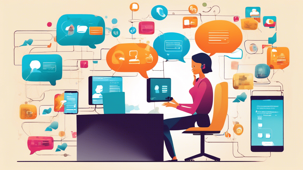 Create an image of a business setting showcasing various customer communication channels. Include a friendly customer service representative speaking on the phone, a computer screen displaying a live