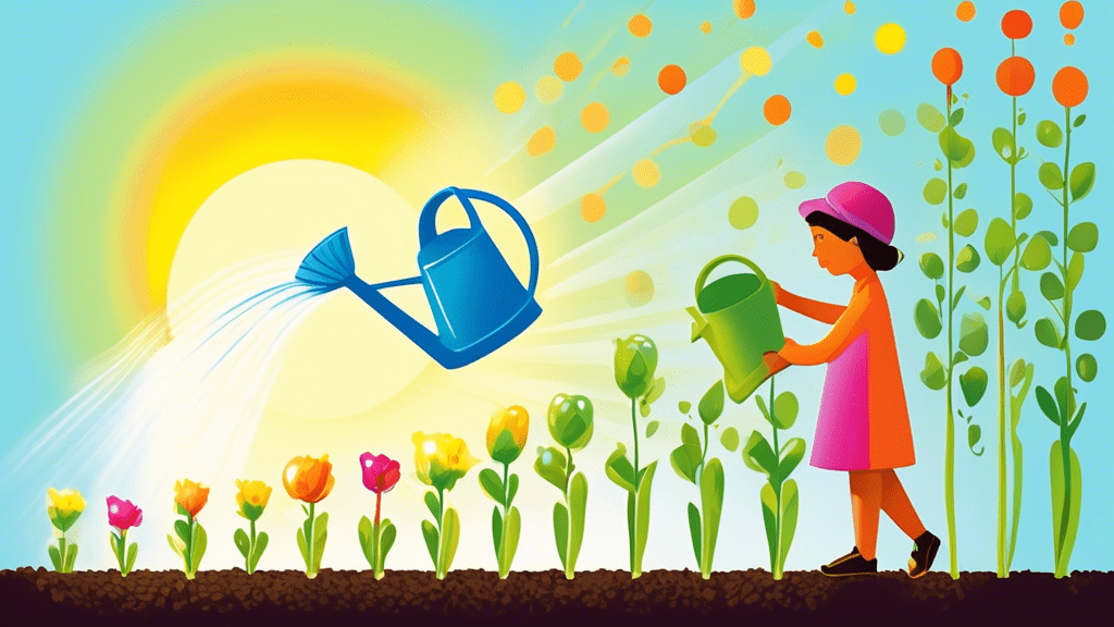 A gardener gently watering a row of colorful sprouts with a watering can, with a bright sun shining overhead.