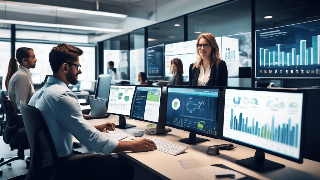 Create an image of a modern office environment where customer service agents are working at their desks. Each agent has a computer screen displaying graphs, metrics, and performance dashboards. Superv
