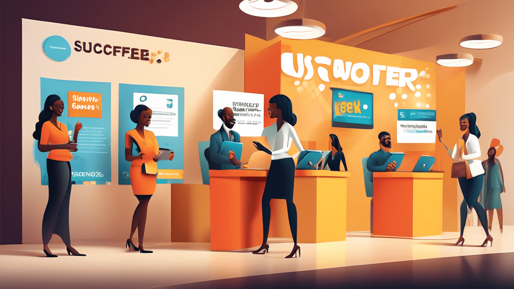 Create an image of a diverse group of happy customers interacting with various elements of a successful business environment. The setting should include customer service representatives engaging warml