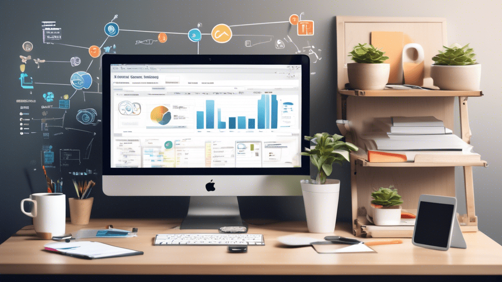 Create an image depicting a digital marketing workspace with a variety of tools being used effectively to nurture leads. The workspace includes a computer displaying an email marketing platform, a tab