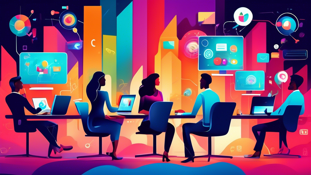 A vibrant digital marketing scene with diverse business professionals targeting audiences through various channels like social media, content marketing, SEO analytics, and email campaigns. Visualize t