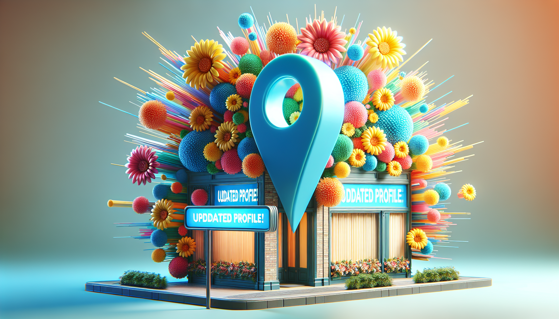 A cheerful storefront with a giant Google Maps pin popping out of it, bursting with fresh flowers and a banner that reads Updated Profile!