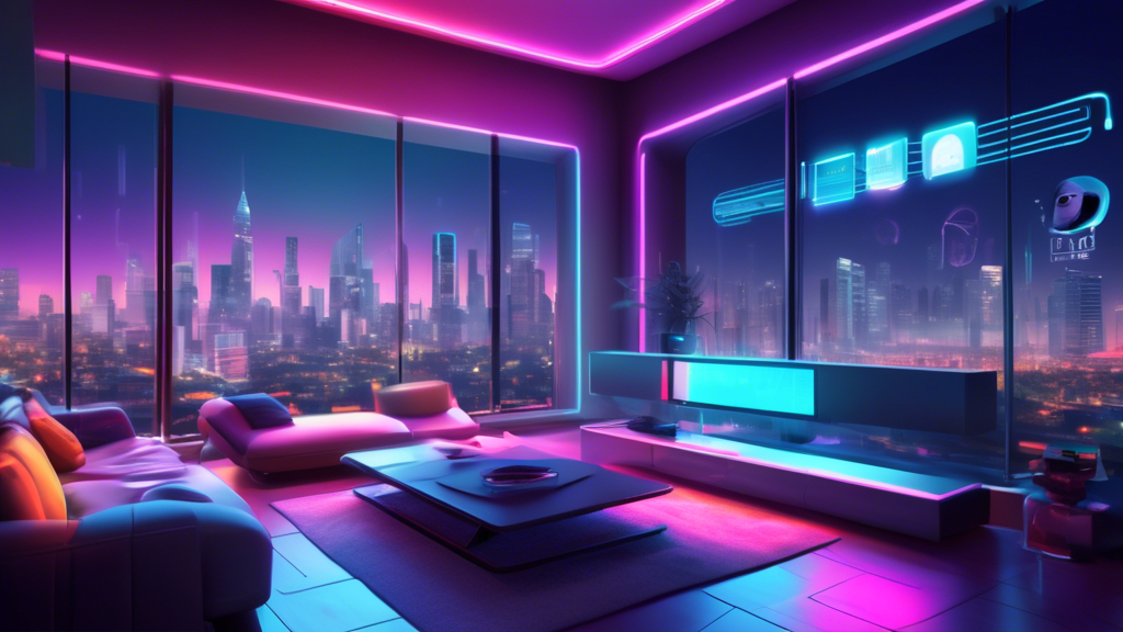 DALL-E prompt: A futuristic smart home with advanced security features, including facial recognition cameras, biometric locks, and a holographic display showing real-time surveillance footage, all set