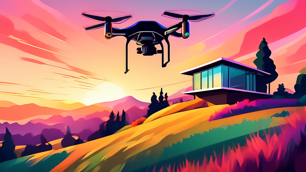 A drone with a camera hovering over a modern house on a hilltop at sunset