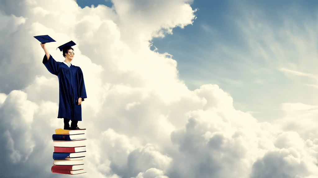 Here is a DALL-E prompt for an image relating to the article title Elevating Your Skills: The Benefits of Higher Level Learning:nnA person standing on a stack of books that reaches high into the cloud