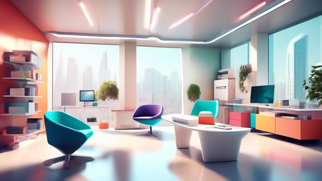 A sleek, futuristic office space with integrated technology and modular furniture, bathed in natural light.