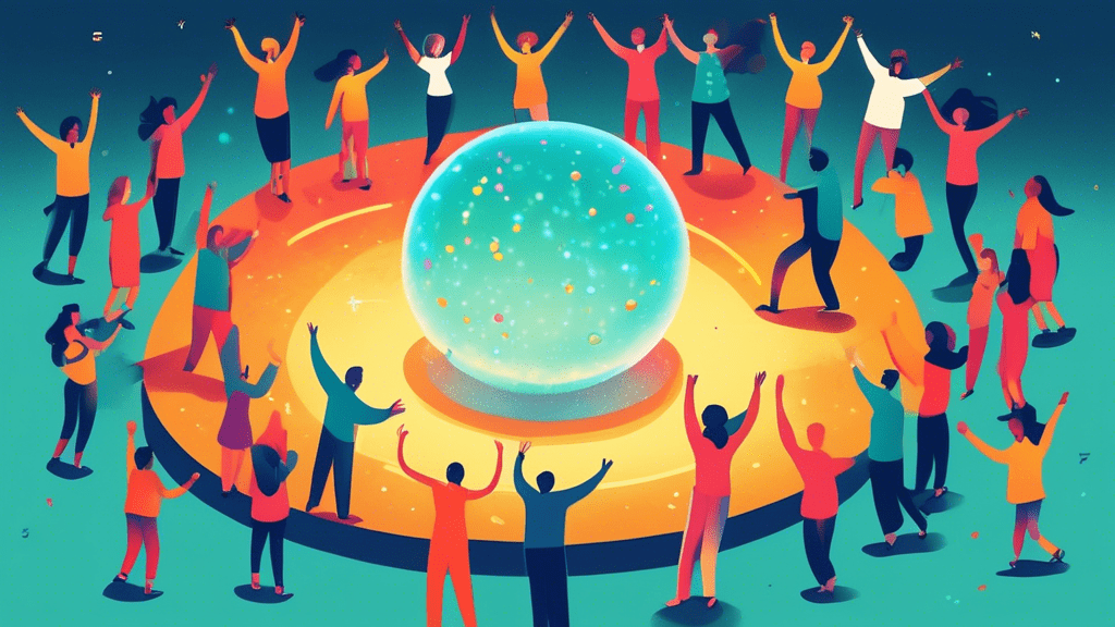 A person reaching up to a floating glowing orb, surrounded by happy people, with the words Customer Experience etched on the ground.