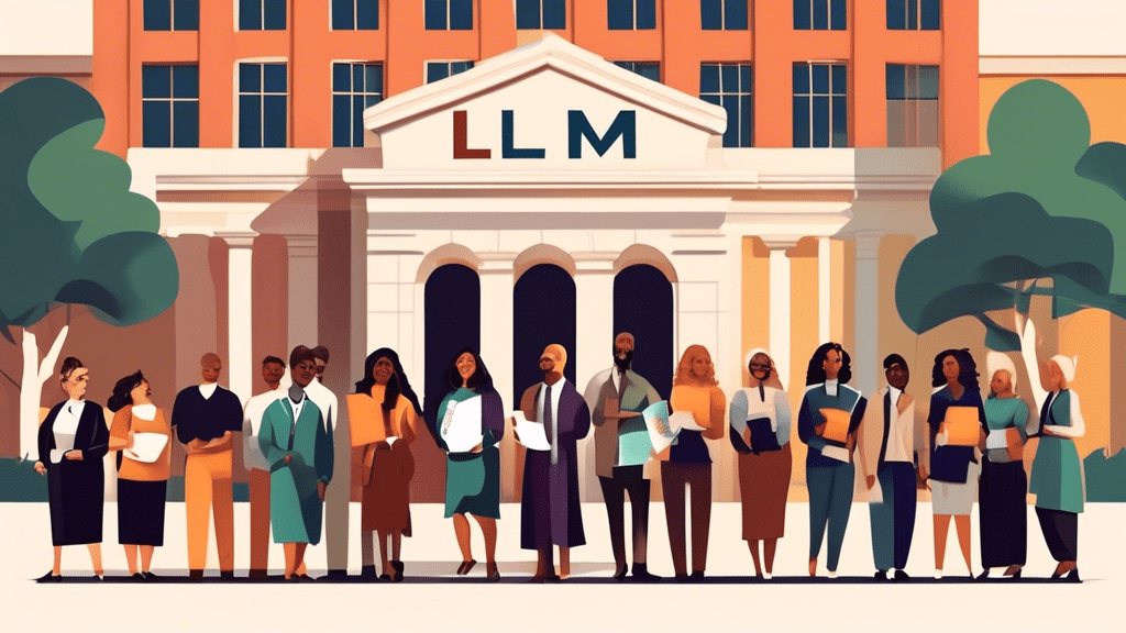 Create an illustration depicting a diverse group of people in an academic setting, highlighting a range of different backgrounds, professions, and ages. They are standing in front of a university buil