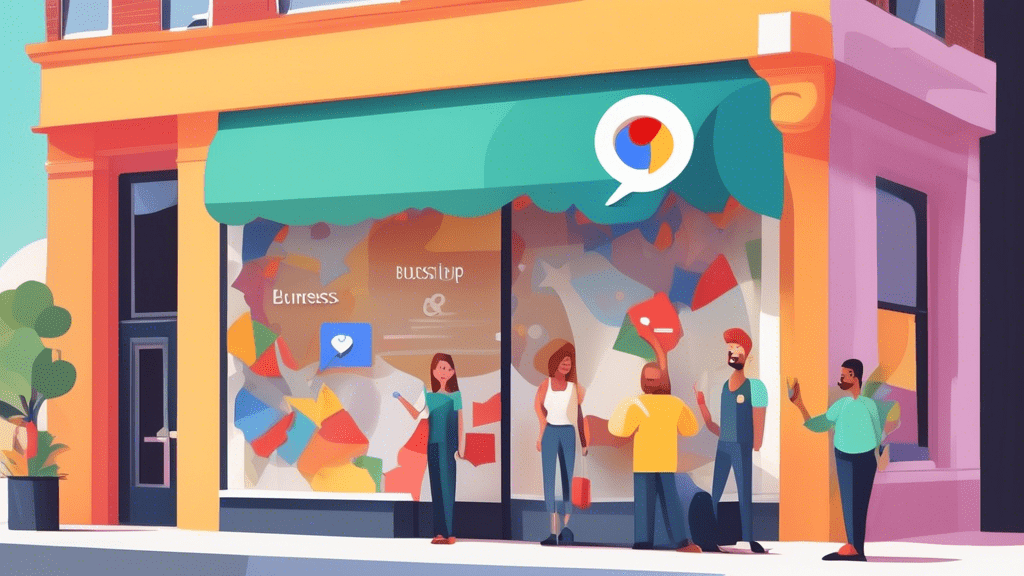 A storefront window with a large Google Maps speech bubble superimposed, showing a completed business profile with a 5-star rating, photos, and happy customers interacting with it.