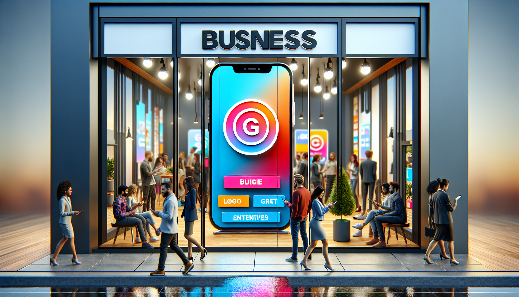 A storefront window with a colorful Google Business Profile sign and people inside interacting with a giant smartphone displaying engaging posts.