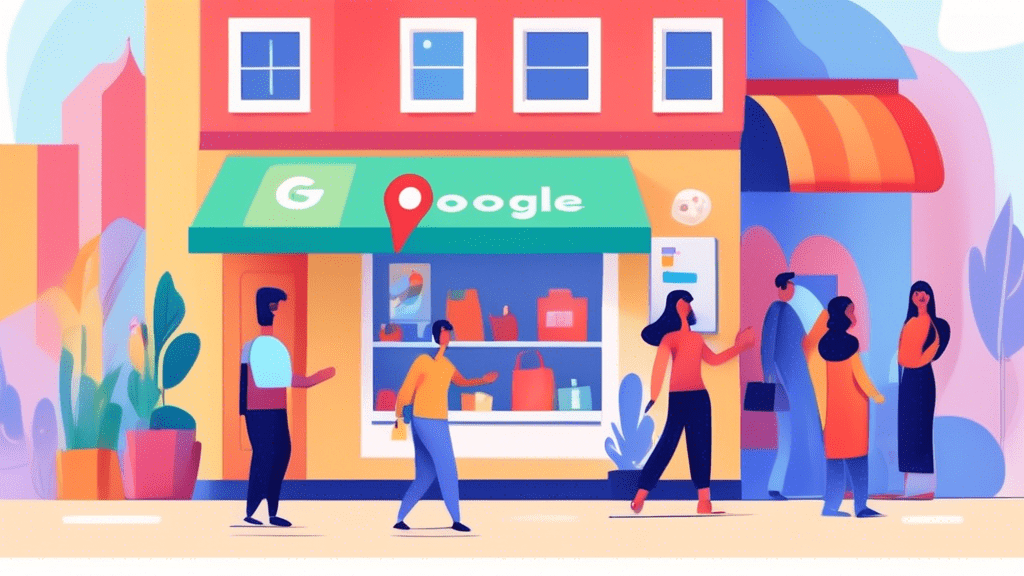 A friendly storefront with a cheerful owner helping a customer, with a giant Google Maps pin icon hovering nearby and a group of diverse people happily interacting in the background.