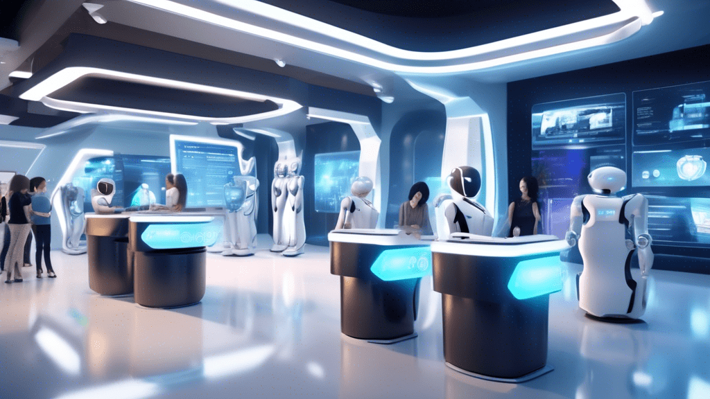 A futuristic customer service center with sleek, modern design, where friendly humanoid robots and advanced AI interfaces assist customers. The scene should depict various automated support systems, s