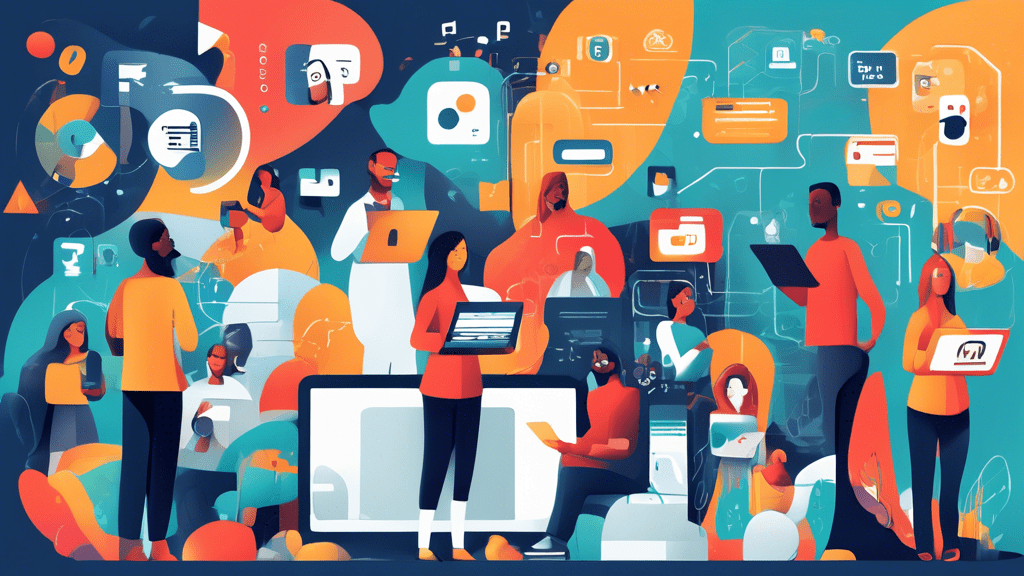 Create an image of a diverse group of people interacting with various personalized digital content on their devices, such as tablets, smartphones, and laptops. The background should include elements l