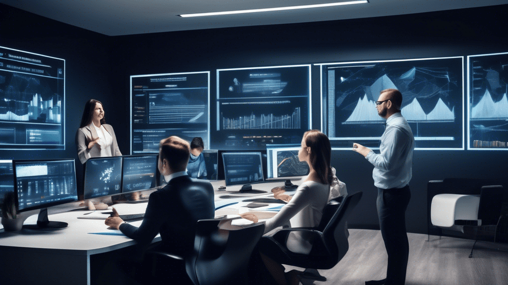 A high-tech corporate office setting with business professionals analyzing data on computer screens, charts, and graphs. One person is presenting a detailed report to a group, showcasing sophisticated