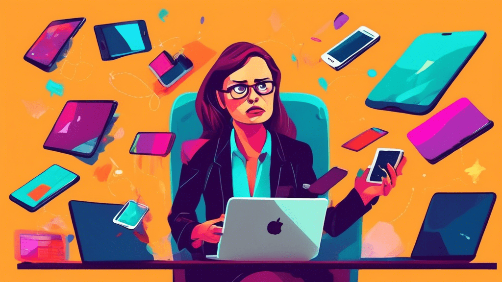 A businesswoman juggling smartphones, tablets, and laptops, with a worried expression on her face