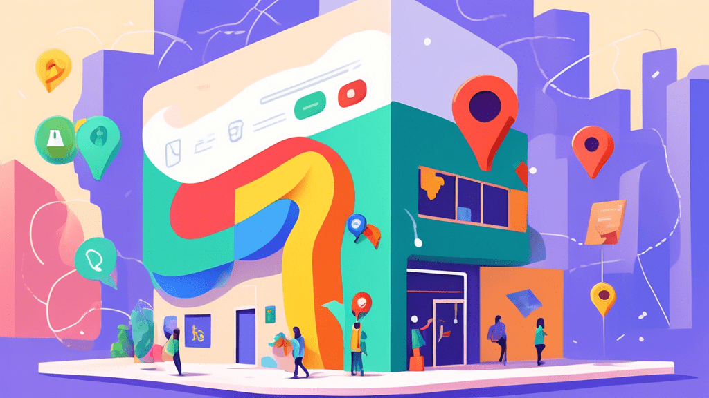 A storefront with a giant Google Maps pin on top, with icons of key Google Business Profile features like reviews, photos, and business information swirling around it.