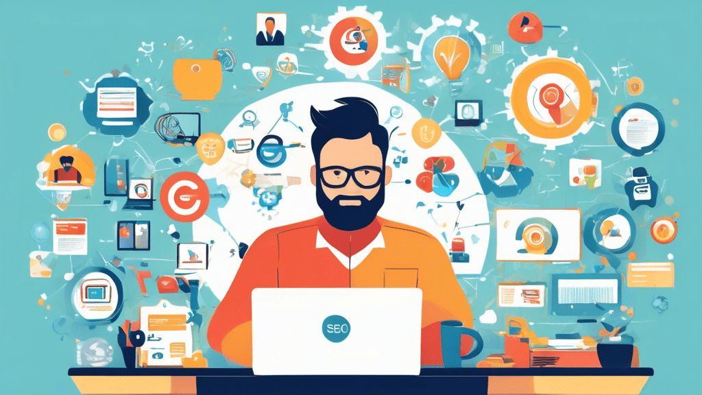 Create an image of a business owner sitting at a desk, typing on a laptop, surrounded by icons representing various SEO tips and tools. The background includes a Google Business Profile on a large scr