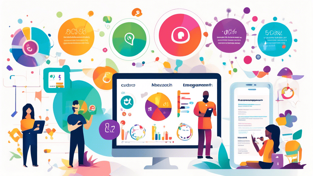 An infographic featuring essential metrics for measuring customer engagement, with colorful charts and graphs. Icons representing key metrics like click-through rates, time spent on site, social media