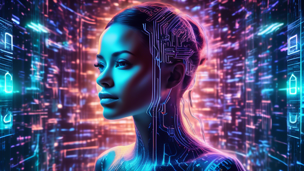 A futuristic woman with glowing circuitry patterns on her face, surrounded by holographic screens displaying complex data and code, with the words Eve AIO floating above her head