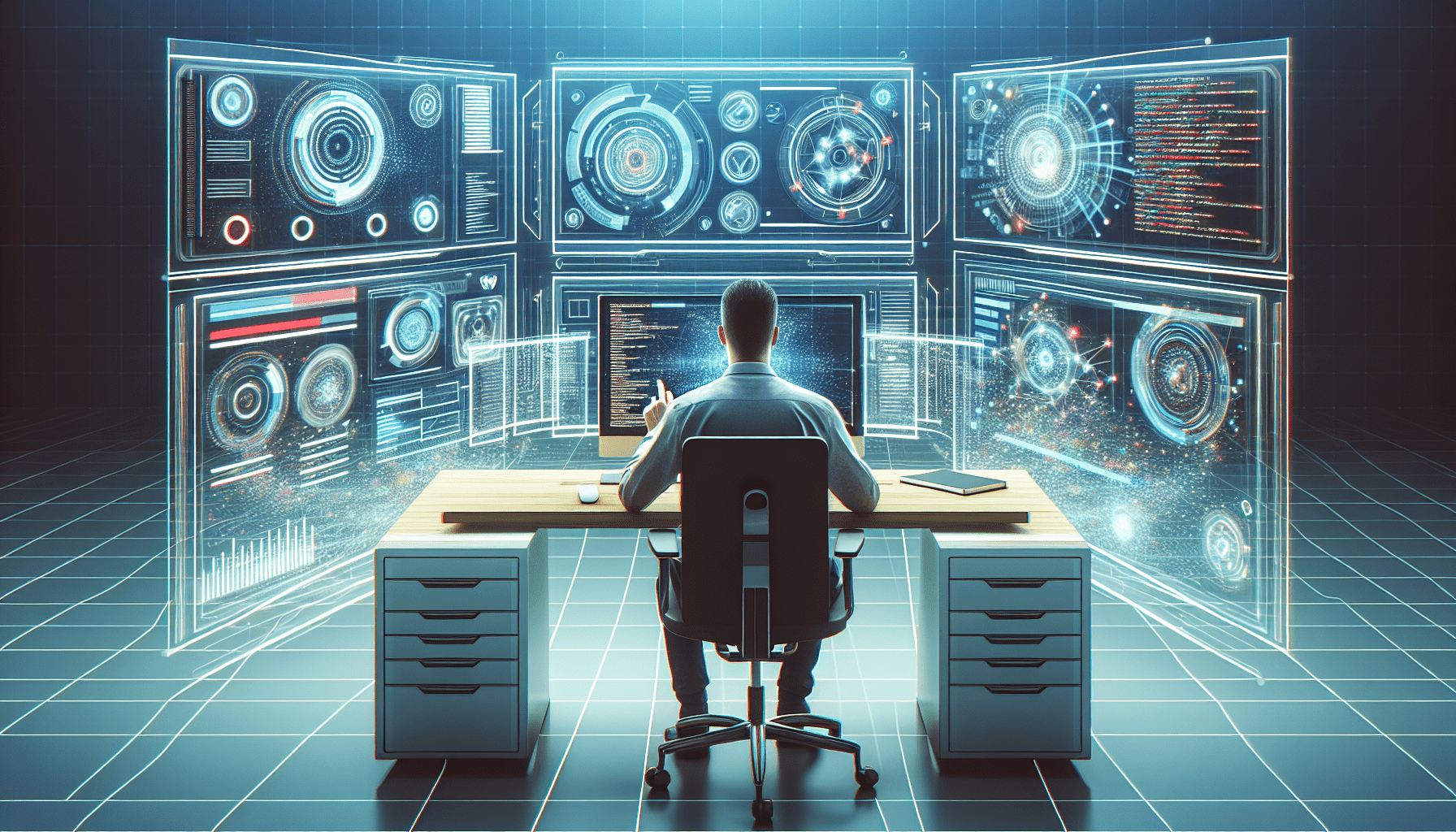 Digital illustration of a person sitting at a futuristic workstation with multiple holographic screens displaying various Google search tools and features, in a sleek, high-tech office environment. Th