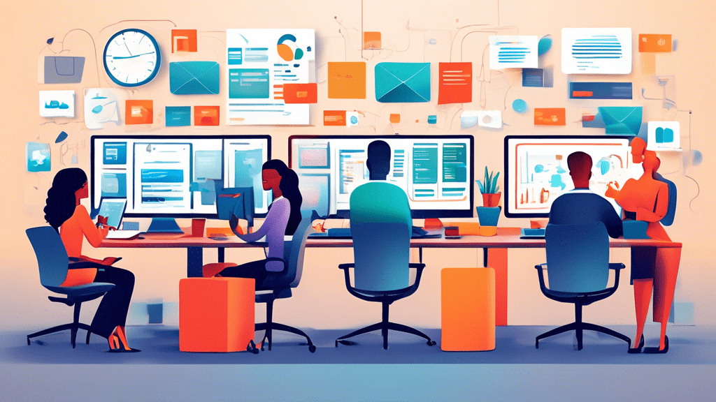Create a detailed digital illustration showcasing a modern office environment with diverse professionals collaborating on a computer for campaign automation. Include elements like automated email sche