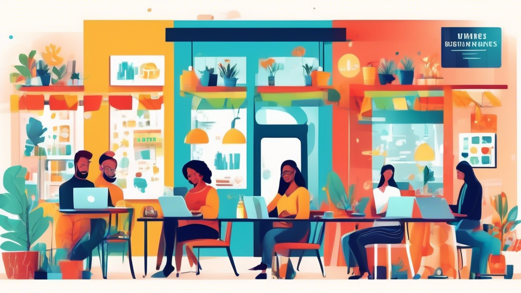 Create a vibrant scene showcasing various practical options for small businesses, featuring entrepreneurs working on laptops in a cozy café, a pop-up shop on a bustling street, and a small manufacturi