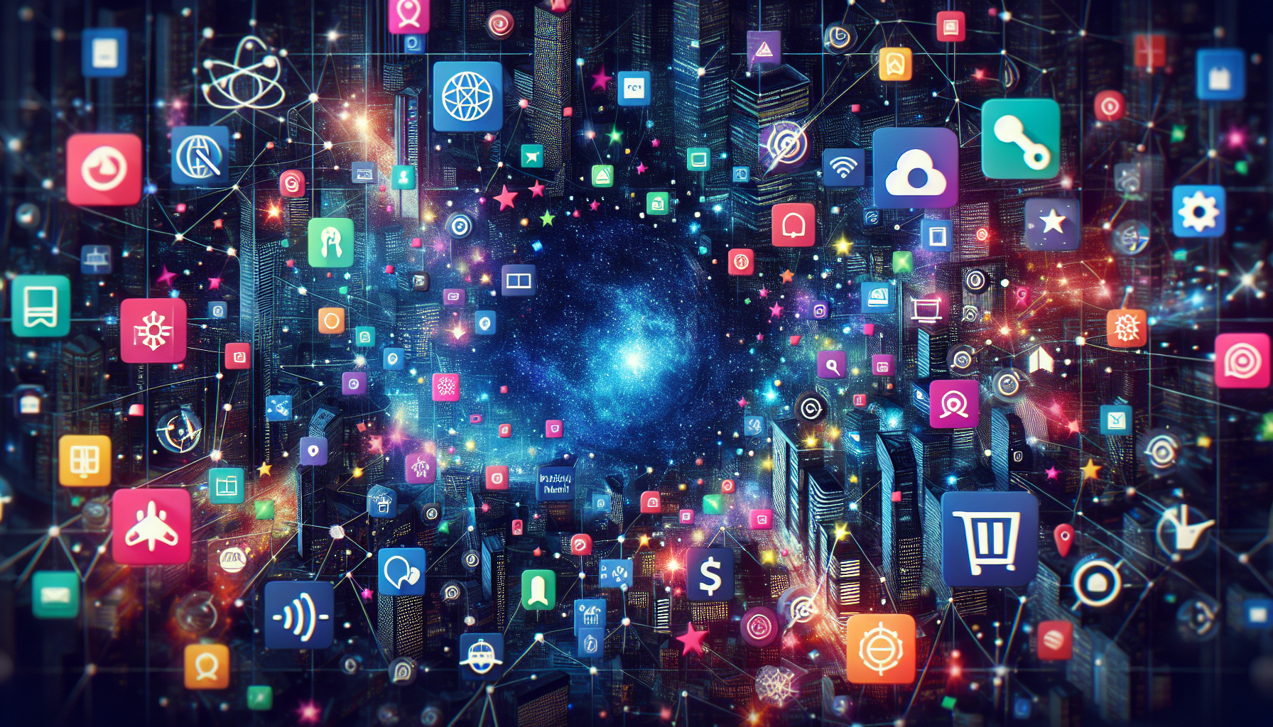 A vibrant digital marketplace with Zoho branding, showcasing diverse apps and extensions floating like stars in a galaxy.