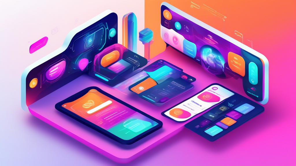 A detailed digital illustration of a futuristic website interface for UniversalCard.com, showcasing various interactive features such as a personalized card design tool, secure payment options, user-f