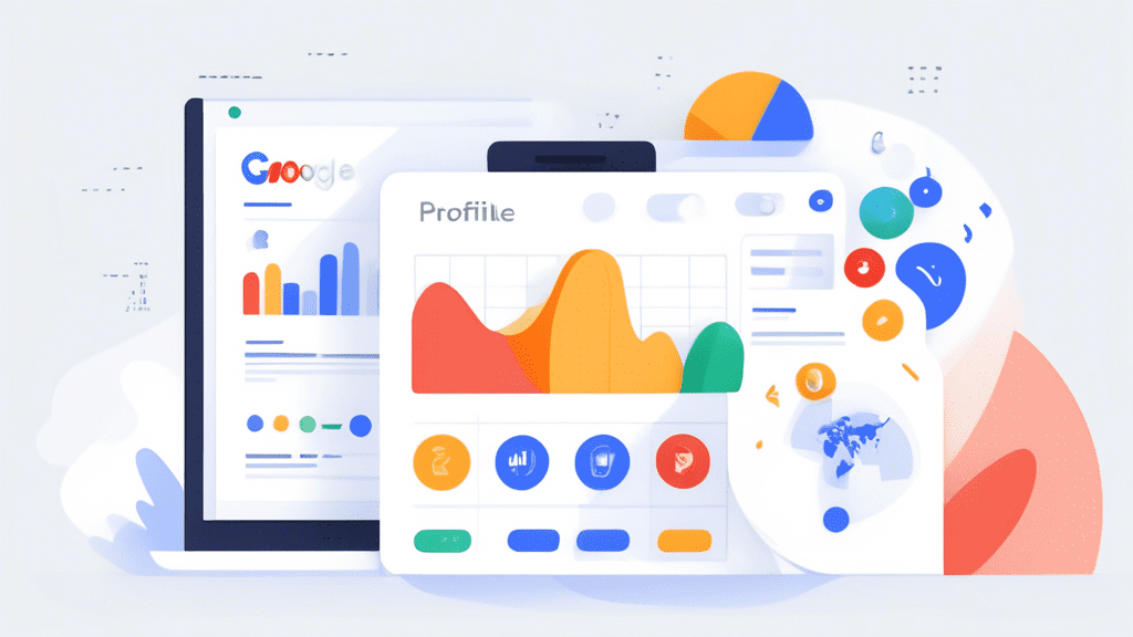 Create a detailed illustration showcasing the key features of Google Business Profile. Include elements like a business profile dashboard, user-friendly interface, customer reviews section, business i