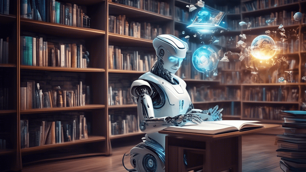 Create an imaginative scene showing a futuristic robotic library, where humanoid robots are engaged in various tasks such as writing stories, answering questions, translating languages, and creating a