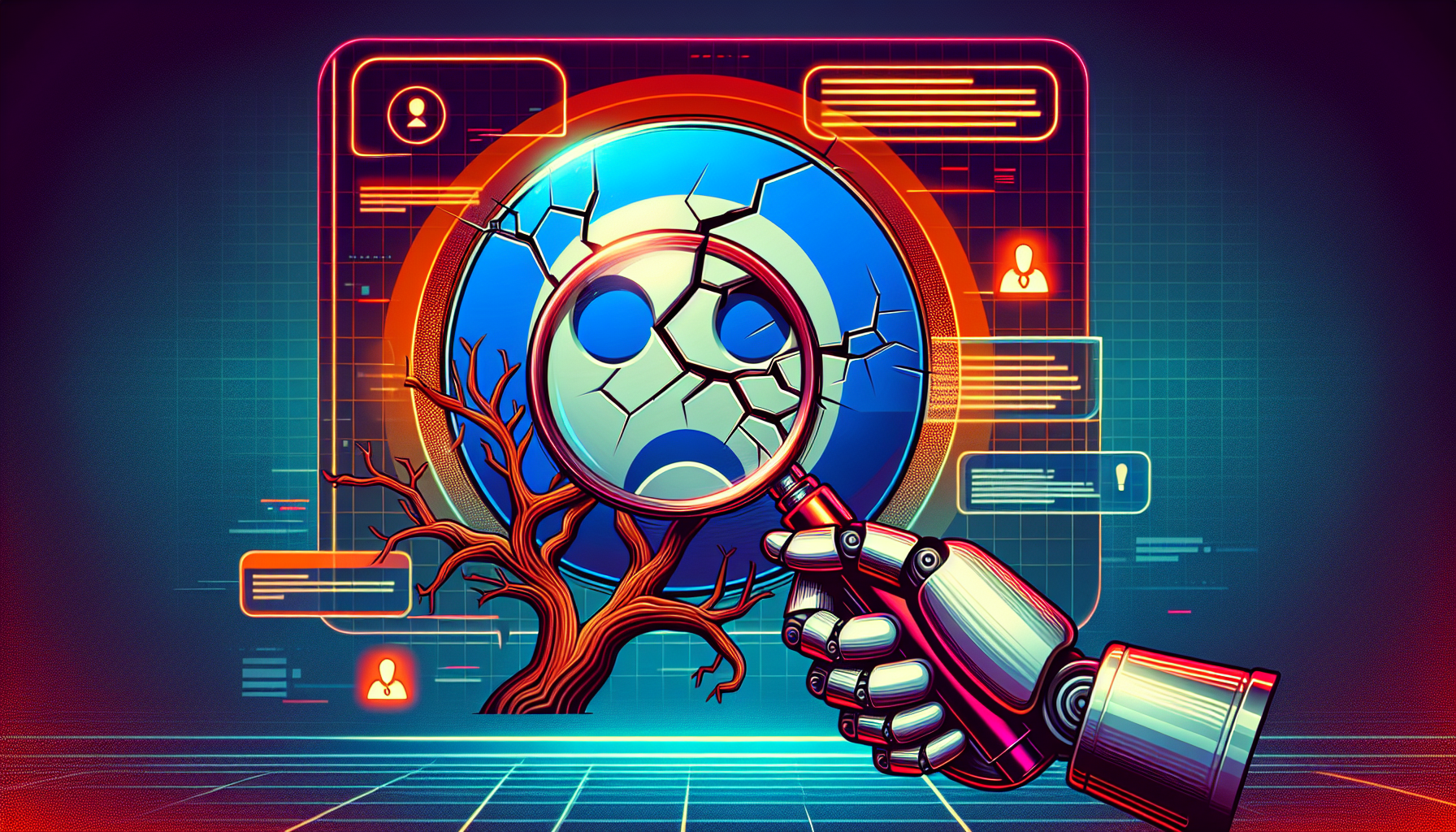 A robot hand holding a magnifying glass over a cracked Facebook logo with error messages appearing on a screen in the background.