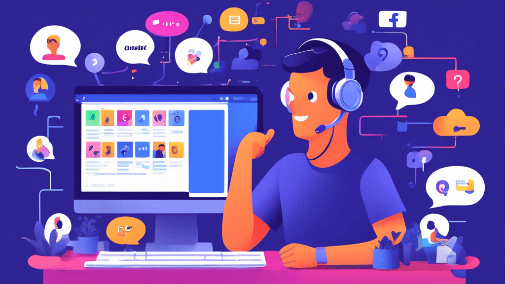 DALL-E prompt: A person wearing a headset, sitting in front of a computer screen displaying the Facebook Ads Manager interface, with various icons representing customer support, such as a question mar