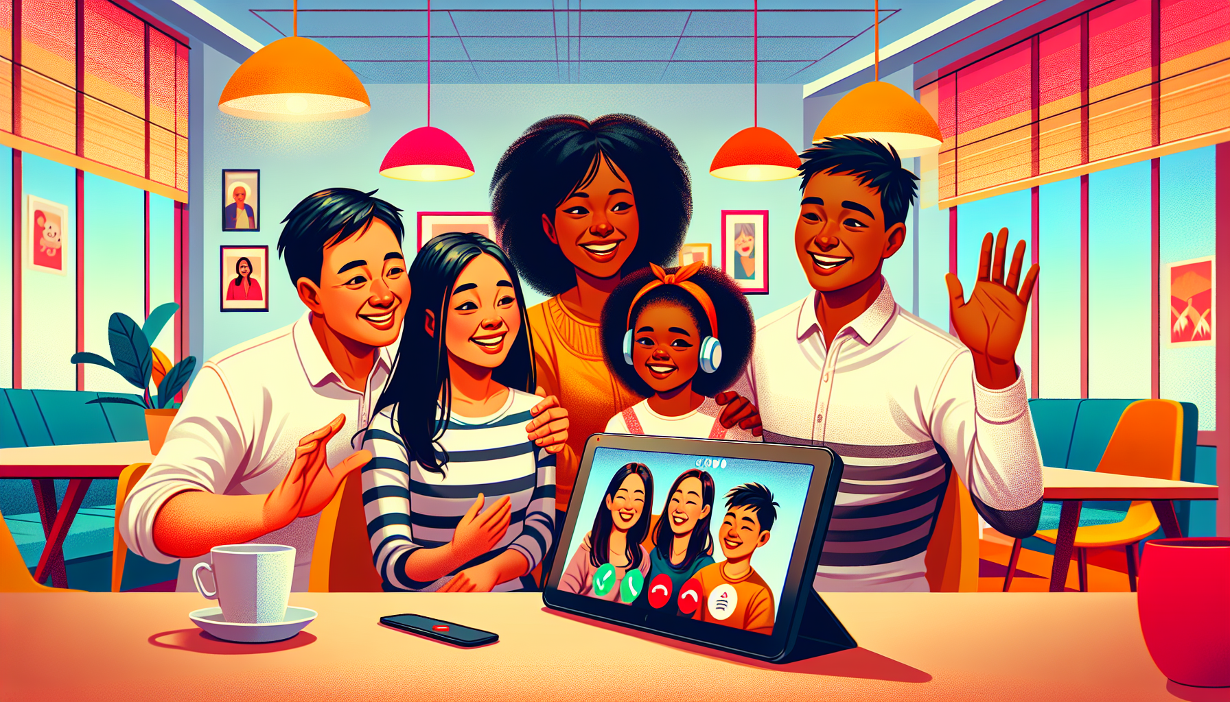 A family smiling and waving at a Facebook Portal screen during a video call