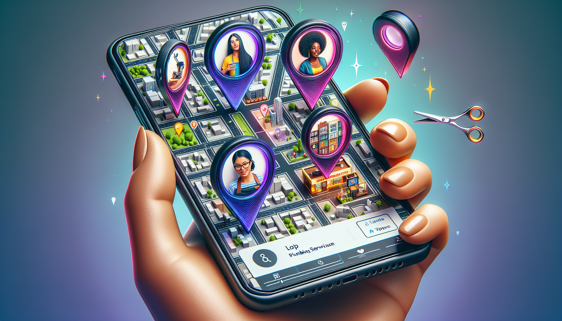 A hand holding a smartphone with a magnifying glass hovering over a map with location pins, highlighting local businesses like a plumber, a hairdresser, and a cafe.
