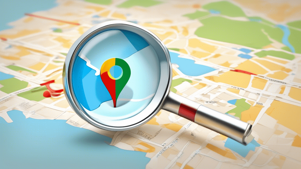 A magnifying glass hovering over a map with a Google Maps pin labeled Google Business Profile sticking out of it.