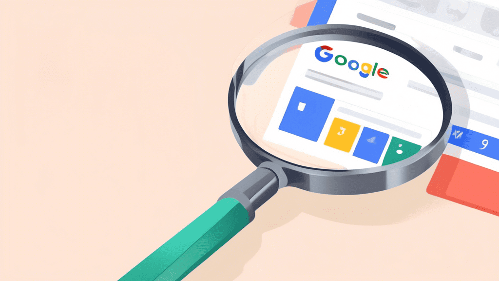 A magnifying glass hovering over a Google My Business profile page with a highlighted ID number.