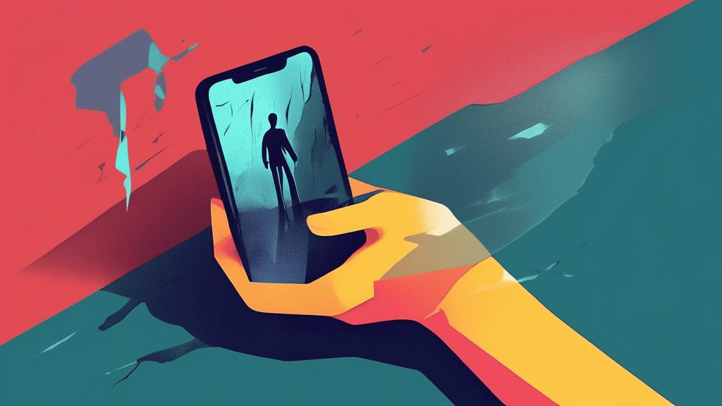 A magnifying glass hovering over a cracked smartphone screen with a faded Google My Business logo and a shadowy figure reaching out from the cracks.