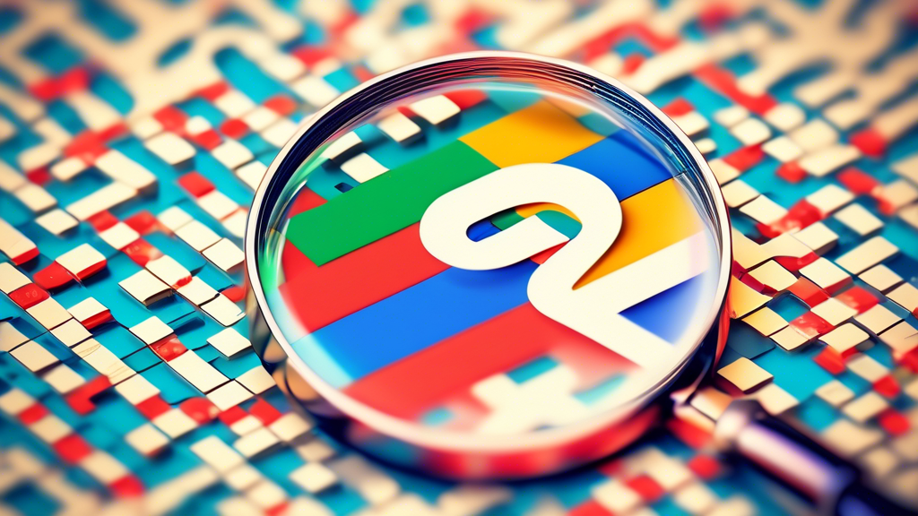 A magnifying glass hovering over a Google Maps location pin with a G logo on it, surrounded by binary code.