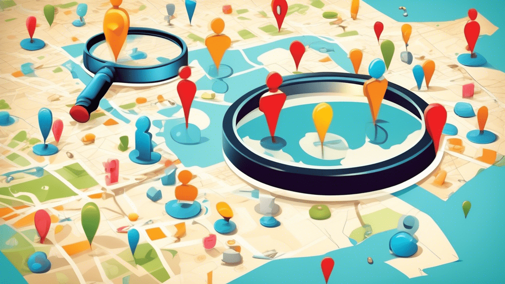 A magnifying glass hovering over a map with location pins highlighting various local services like a plumber, electrician, and hairdresser.