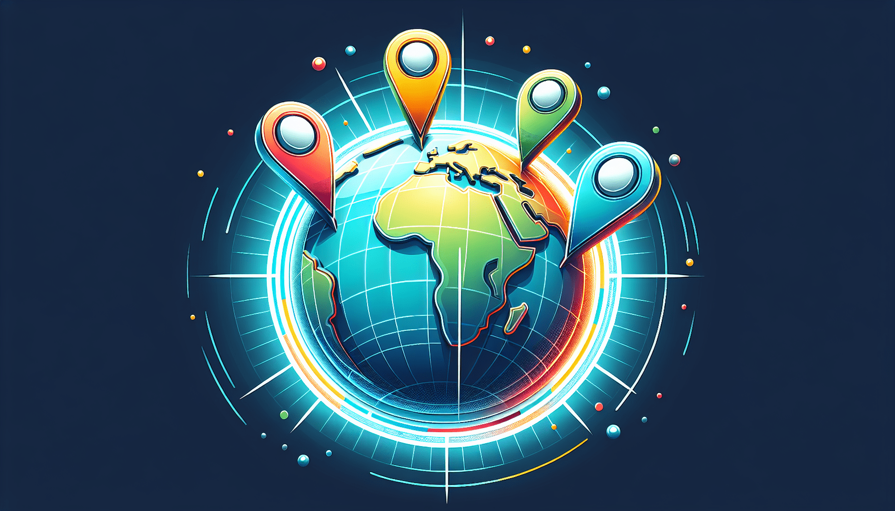 A globe with five pins marking different locations, each emitting a beam of light representing a must-attend marketing event.