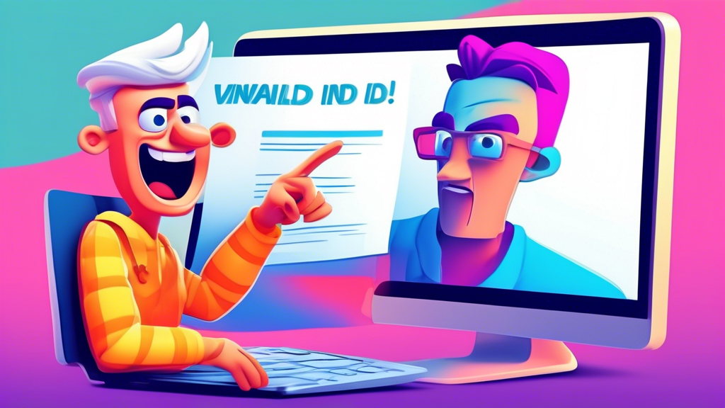 A frustrated cartoon character pointing at a laptop screen with a giant Zoom error message that reads Invalid Meeting ID