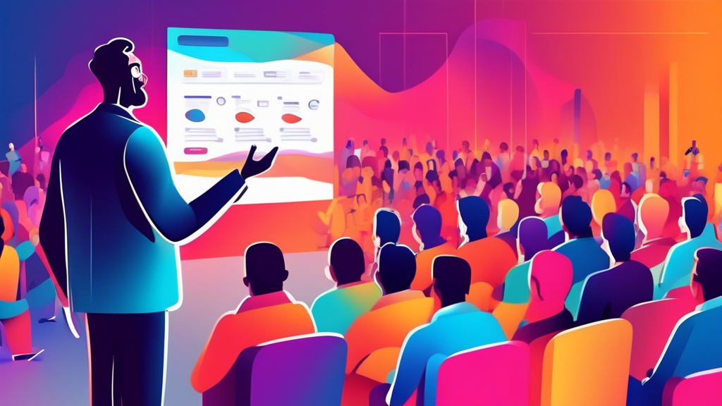 A man giving a presentation on online marketing in front of a large audience