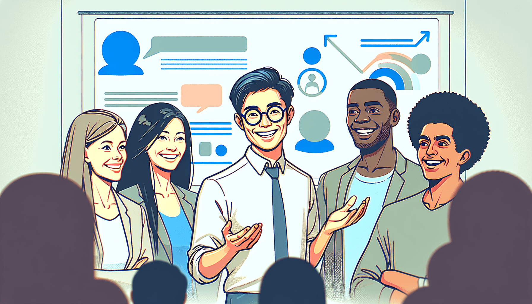 A portrait of a friendly man with glasses giving a presentation about online marketing to a diverse group of people who are smiling and engaged.