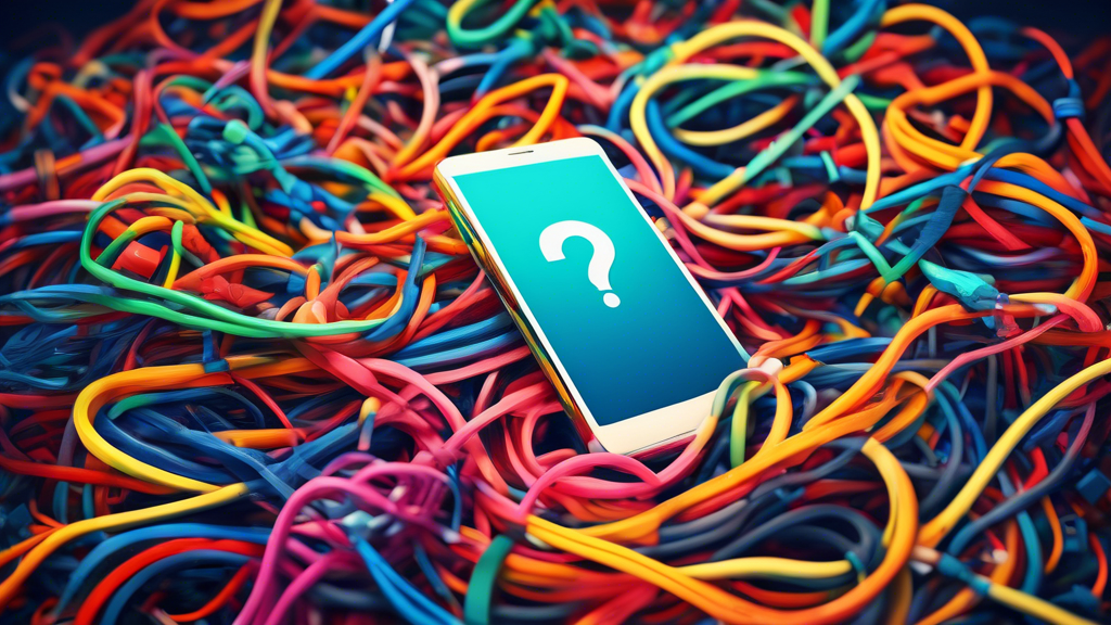 A smartphone with its screen displaying a verification code, tangled in a mess of colorful phone cords shaped like a question mark.