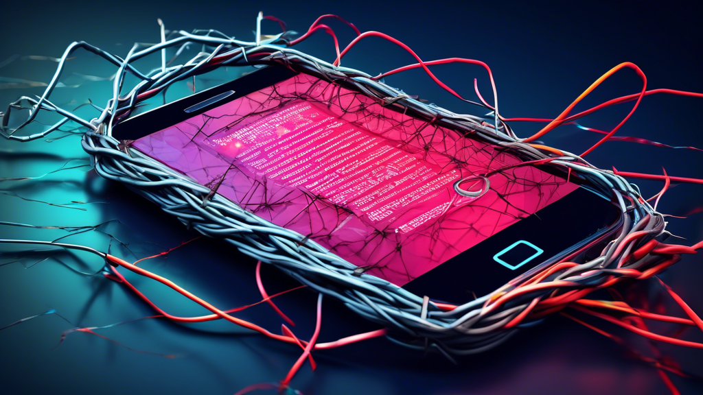 A smartphone with its screen cracked displaying a verification code notification, tangled in barbed wire.