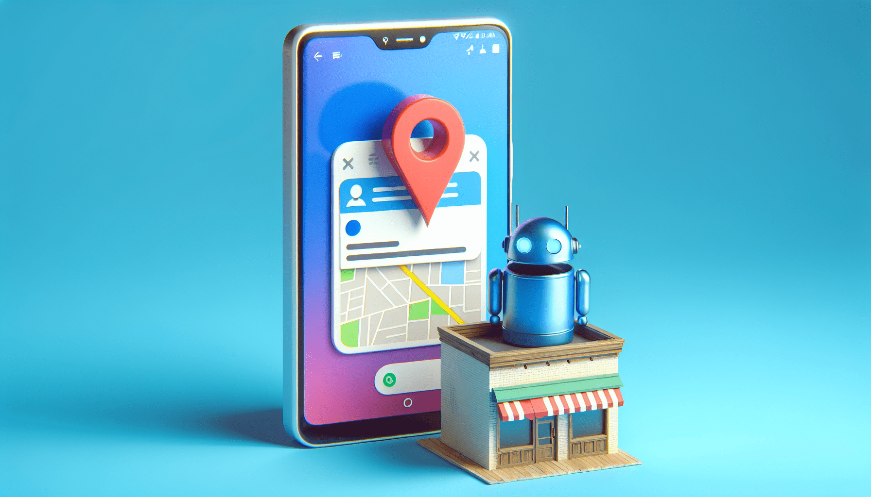 A chatbot answering questions on a giant smartphone with a Google Maps location pin on the screen and a small storefront below it.